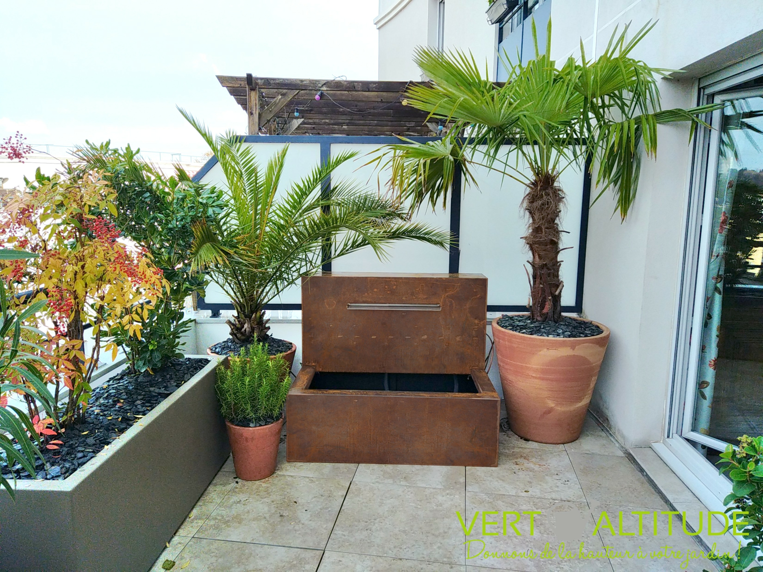 Réaménagement terrasse Lyon 9 ambiance tropicale avec palmier en pot